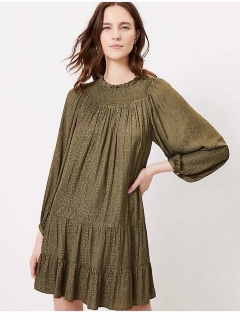 LOFT Olive Green Long-Sleeve Smocked Yoke Tiered Mini Dress